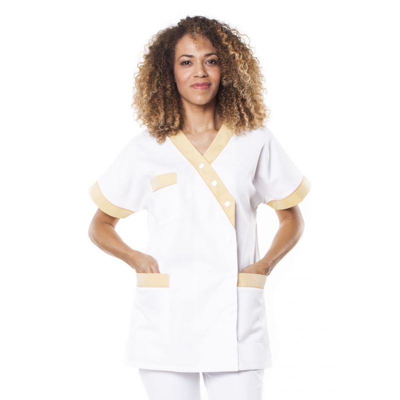 Tunique médicale femme timme blanc/jaune pâle